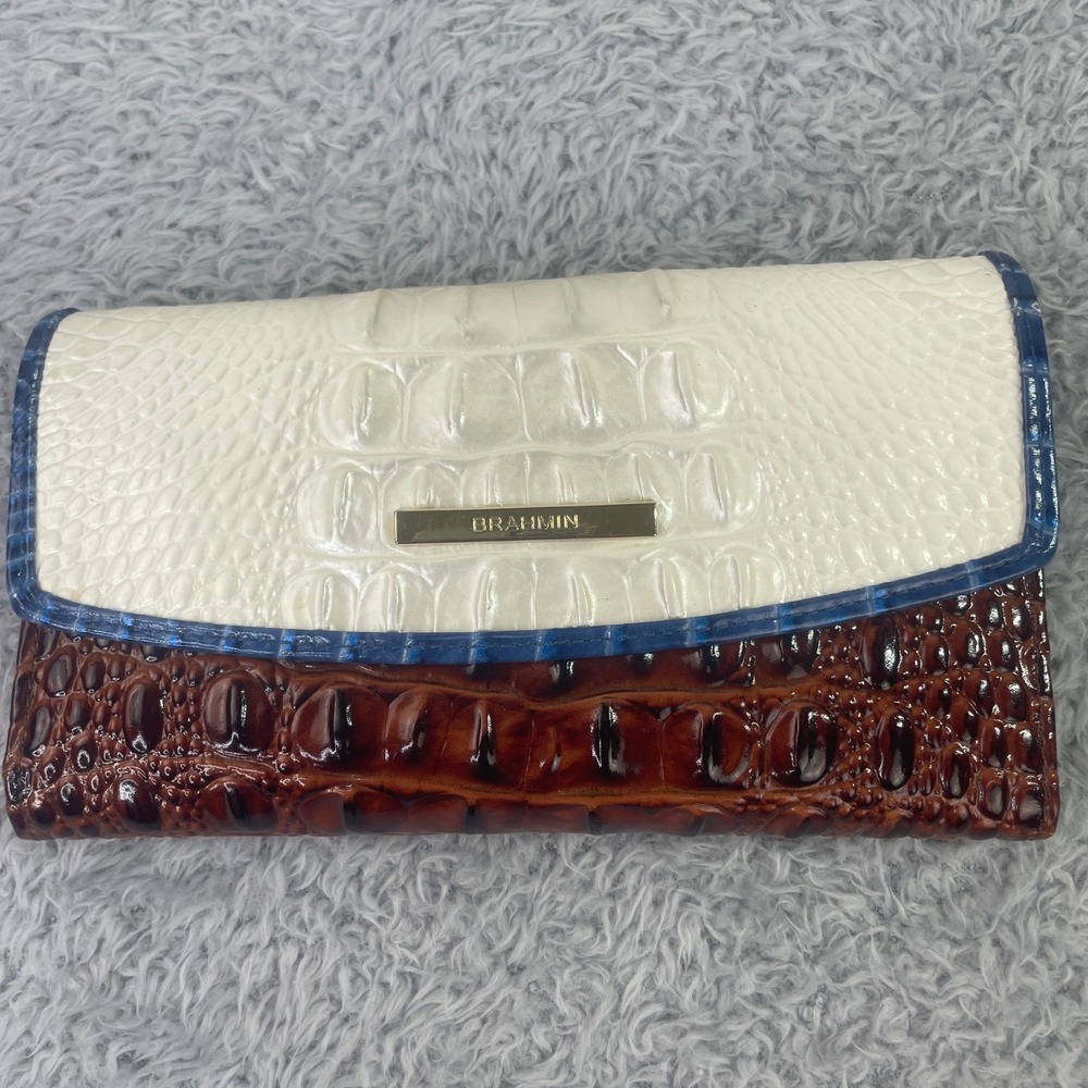 Brahmin Trifold Wallet Women  Brown Cream Blue Croc Embossed Leather Pen